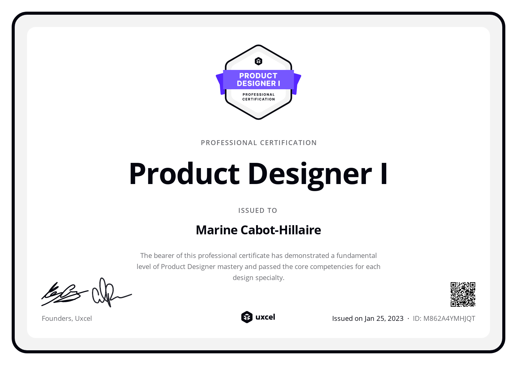 Marine Hillaire's certificate